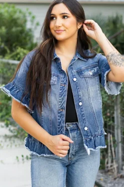 New Dear-Lover Raw Edge Ruffled Short Sleeve Denim Jacket Peacock Blue