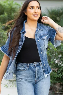 New Dear-Lover Raw Edge Ruffled Short Sleeve Denim Jacket Peacock Blue