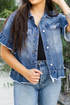 New Dear-Lover Raw Edge Ruffled Short Sleeve Denim Jacket Peacock Blue