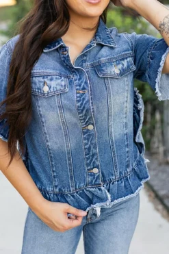 New Dear-Lover Raw Edge Ruffled Short Sleeve Denim Jacket Peacock Blue