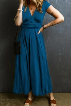 Sale Dear-Lover Short Sleeve Shirred High Waist V Neck Maxi Dress Peacock Blue