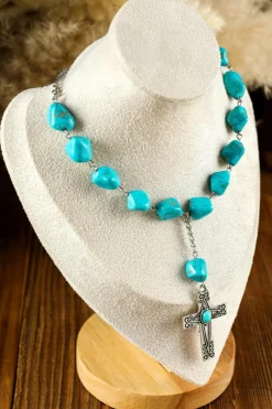 Clearance Dear-Lover Turquoise Cross Pendant Necklace Peacock Blue