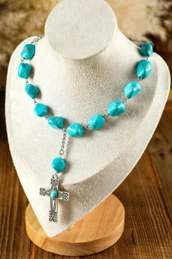 Clearance Dear-Lover Turquoise Cross Pendant Necklace Peacock Blue
