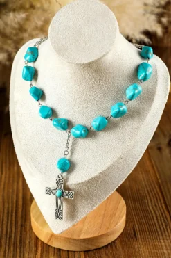 Clearance Dear-Lover Turquoise Cross Pendant Necklace Peacock Blue