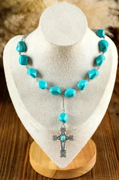 Clearance Dear-Lover Turquoise Cross Pendant Necklace Peacock Blue