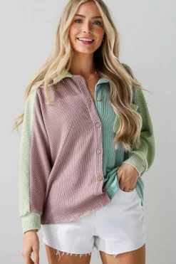 Best Dear-Lover Color Block Corded Buttoned Oversized Shacket Phalaenopsis