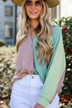 Best Dear-Lover Color Block Corded Buttoned Oversized Shacket Phalaenopsis
