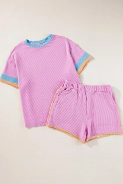 Sale Dear-Lover Contrast Trim Corded Texture Short 2pcs Set Phalaenopsis