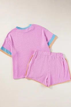 Sale Dear-Lover Contrast Trim Corded Texture Short 2pcs Set Phalaenopsis