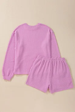 Sale Dear-Lover Corded Knit Long Sleeve Top and High Waist Shorts Set Phalaenopsis