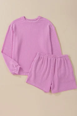Sale Dear-Lover Corded Knit Long Sleeve Top and High Waist Shorts Set Phalaenopsis