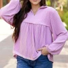 Online Dear-Lover Corded Turn-down V Neck Bubble Sleeve Babydoll Blouse Phalaenopsis