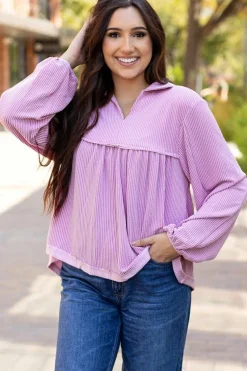 Online Dear-Lover Corded Turn-down V Neck Bubble Sleeve Babydoll Blouse Phalaenopsis
