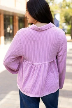 Online Dear-Lover Corded Turn-down V Neck Bubble Sleeve Babydoll Blouse Phalaenopsis