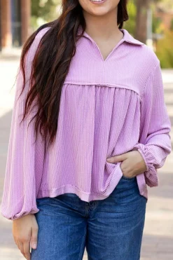 Online Dear-Lover Corded Turn-down V Neck Bubble Sleeve Babydoll Blouse Phalaenopsis