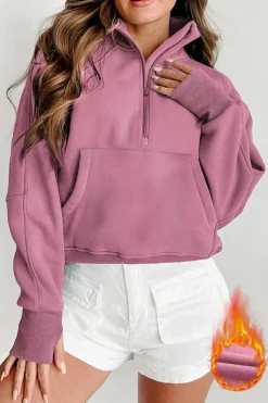 Outlet Dear-Lover Fleece Lined Zip Up Stand Collar Thumbhole Sleeve Sweatshirt Phalaenopsis