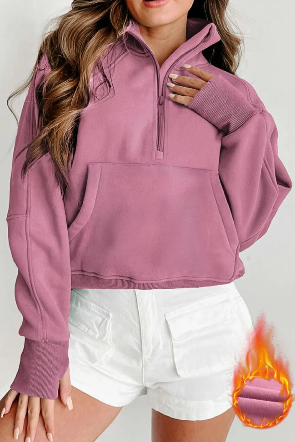 Outlet Dear-Lover Fleece Lined Zip Up Stand Collar Thumbhole Sleeve Sweatshirt Phalaenopsis