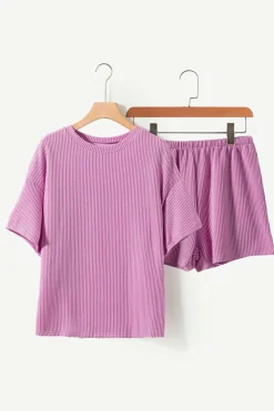 Best Dear-Lover Ribbed Textured Knit Loose Fit Tee and Shorts Set Phalaenopsis