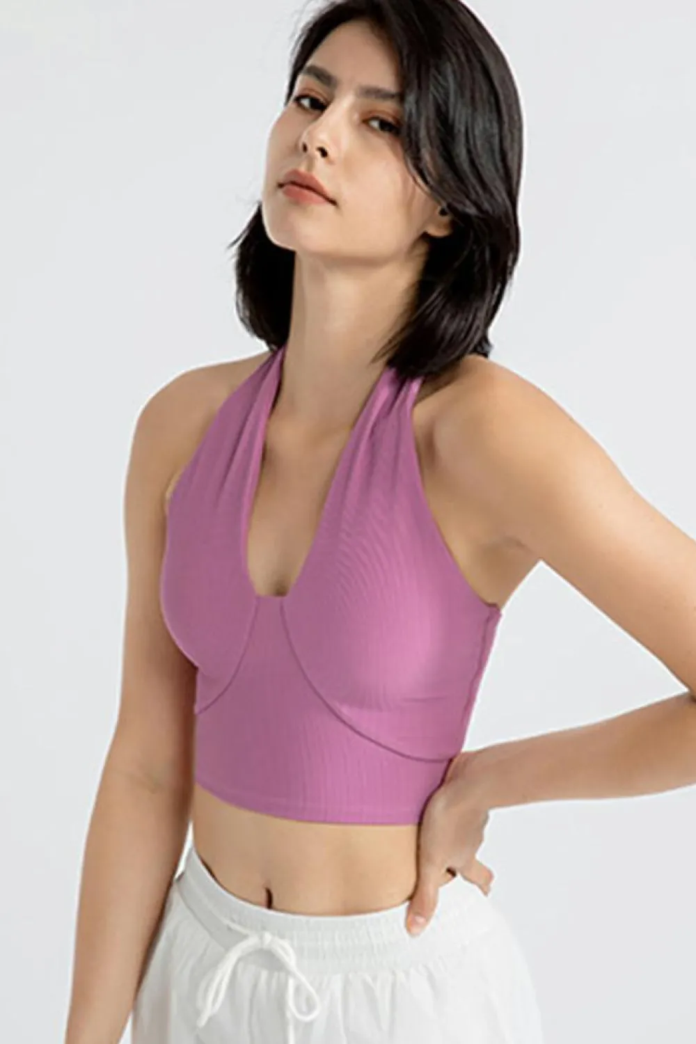 Discount Dear-Lover Sleeveless Halter Neck Active Sports Bra Phalaenopsis