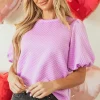 Sale Dear-Lover Solid Textured O Neck Puff Sleeve Blouse Phalaenopsis