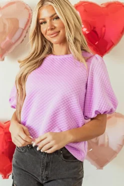 Sale Dear-Lover Solid Textured O Neck Puff Sleeve Blouse Phalaenopsis