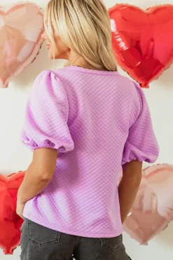 Sale Dear-Lover Solid Textured O Neck Puff Sleeve Blouse Phalaenopsis