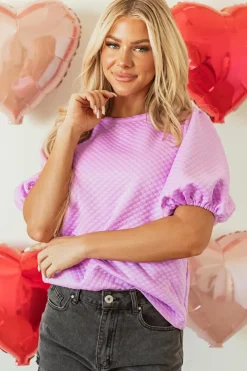 Sale Dear-Lover Solid Textured O Neck Puff Sleeve Blouse Phalaenopsis