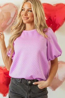 Sale Dear-Lover Solid Textured O Neck Puff Sleeve Blouse Phalaenopsis
