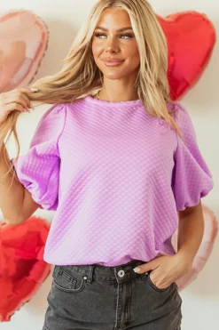 Sale Dear-Lover Solid Textured O Neck Puff Sleeve Blouse Phalaenopsis