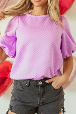 Sale Dear-Lover Solid Textured O Neck Puff Sleeve Blouse Phalaenopsis