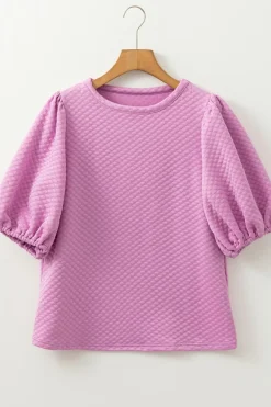 Sale Dear-Lover Solid Textured O Neck Puff Sleeve Blouse Phalaenopsis