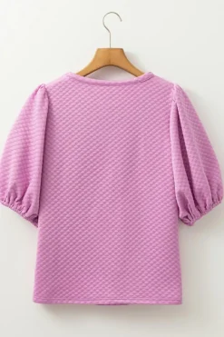 Sale Dear-Lover Solid Textured O Neck Puff Sleeve Blouse Phalaenopsis