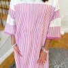 New Dear-Lover Striped Patchwork Three Quarters Sleeve Loose Mini Dress Phalaenopsis