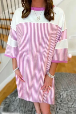 New Dear-Lover Striped Patchwork Three Quarters Sleeve Loose Mini Dress Phalaenopsis