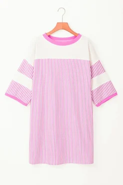 New Dear-Lover Striped Patchwork Three Quarters Sleeve Loose Mini Dress Phalaenopsis