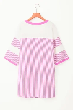 New Dear-Lover Striped Patchwork Three Quarters Sleeve Loose Mini Dress Phalaenopsis