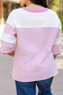 New Dear-Lover Striped Patchwork 3/4 Sleeve Casual Top Phalaenopsis