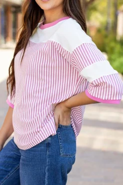 New Dear-Lover Striped Patchwork 3/4 Sleeve Casual Top Phalaenopsis