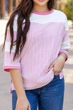 New Dear-Lover Striped Patchwork 3/4 Sleeve Casual Top Phalaenopsis