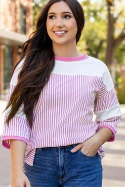 New Dear-Lover Striped Patchwork 3/4 Sleeve Casual Top Phalaenopsis