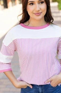 New Dear-Lover Striped Patchwork 3/4 Sleeve Casual Top Phalaenopsis
