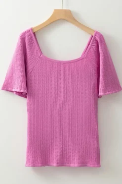 Hot Dear-Lover Textured Square Neck Half Sleeve Knitted Top Phalaenopsis