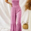 New Dear-Lover Thin Straps Smocked Bodice Wide Leg Floral Jumpsuit Phalaenopsis
