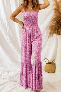 New Dear-Lover Thin Straps Smocked Bodice Wide Leg Floral Jumpsuit Phalaenopsis