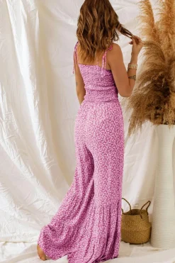 New Dear-Lover Thin Straps Smocked Bodice Wide Leg Floral Jumpsuit Phalaenopsis