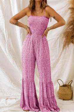 New Dear-Lover Thin Straps Smocked Bodice Wide Leg Floral Jumpsuit Phalaenopsis
