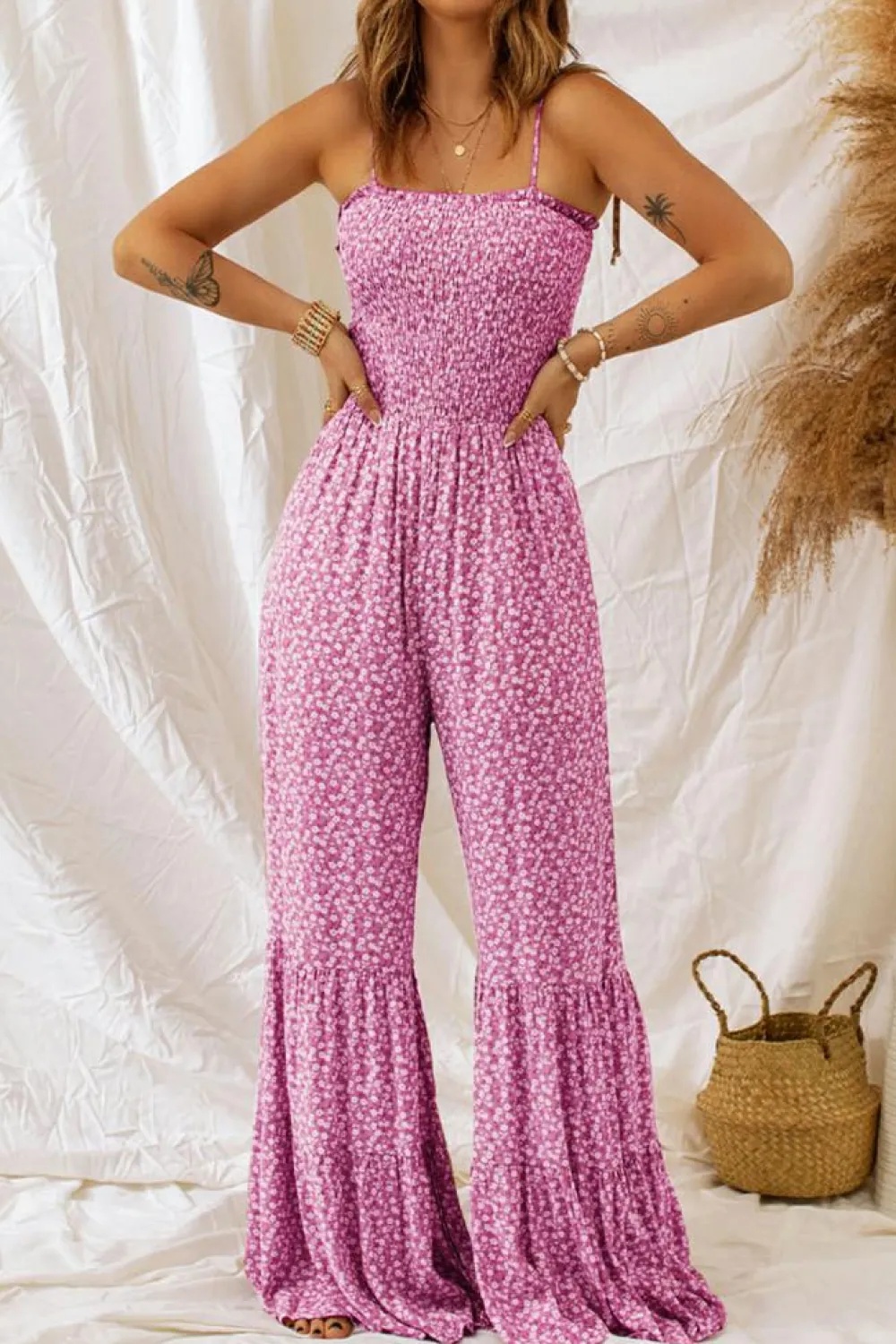 New Dear-Lover Thin Straps Smocked Bodice Wide Leg Floral Jumpsuit Phalaenopsis