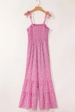 New Dear-Lover Thin Straps Smocked Bodice Wide Leg Floral Jumpsuit Phalaenopsis