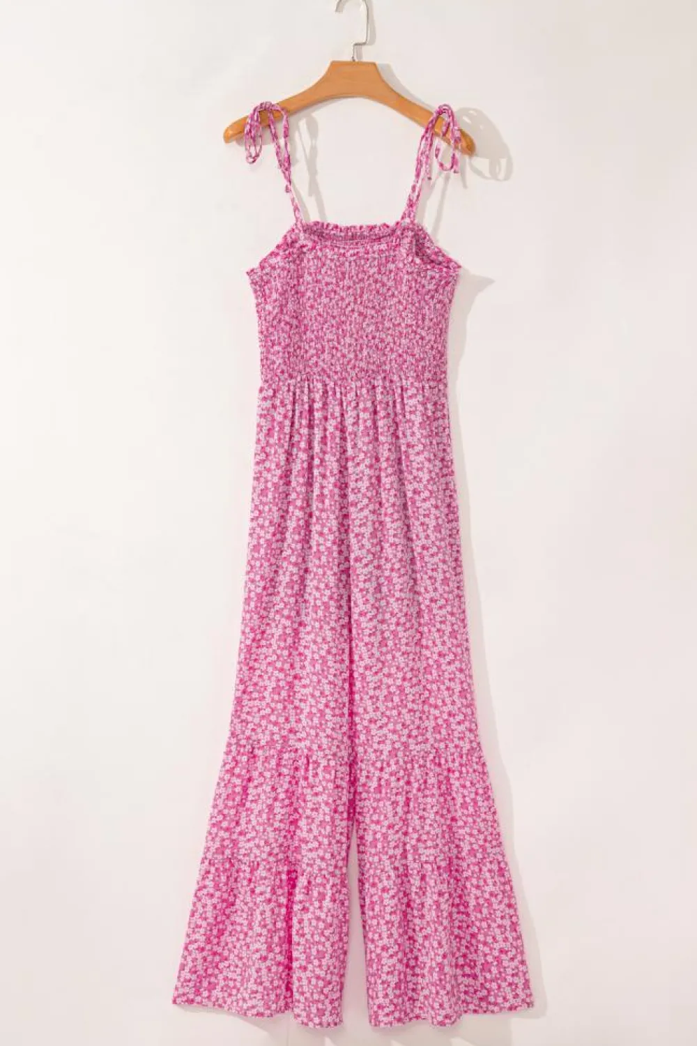 New Dear-Lover Thin Straps Smocked Bodice Wide Leg Floral Jumpsuit Phalaenopsis
