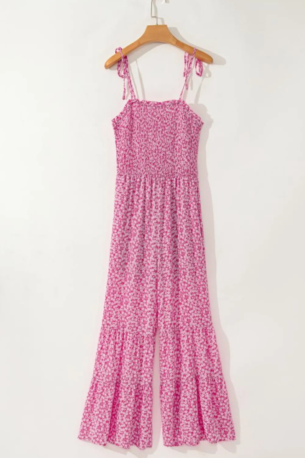 New Dear-Lover Thin Straps Smocked Bodice Wide Leg Floral Jumpsuit Phalaenopsis